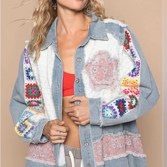 NWT POL Women's Colorful Patchwork Jean Jacket with Granny Square Sleeves - Picture 3 of 9